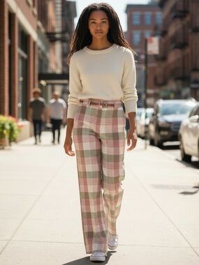 VINTAGE HIGH WAIST PINK & GREEN PLAID WIDE LEG PANTS WITH BELT SZ 9 NWT